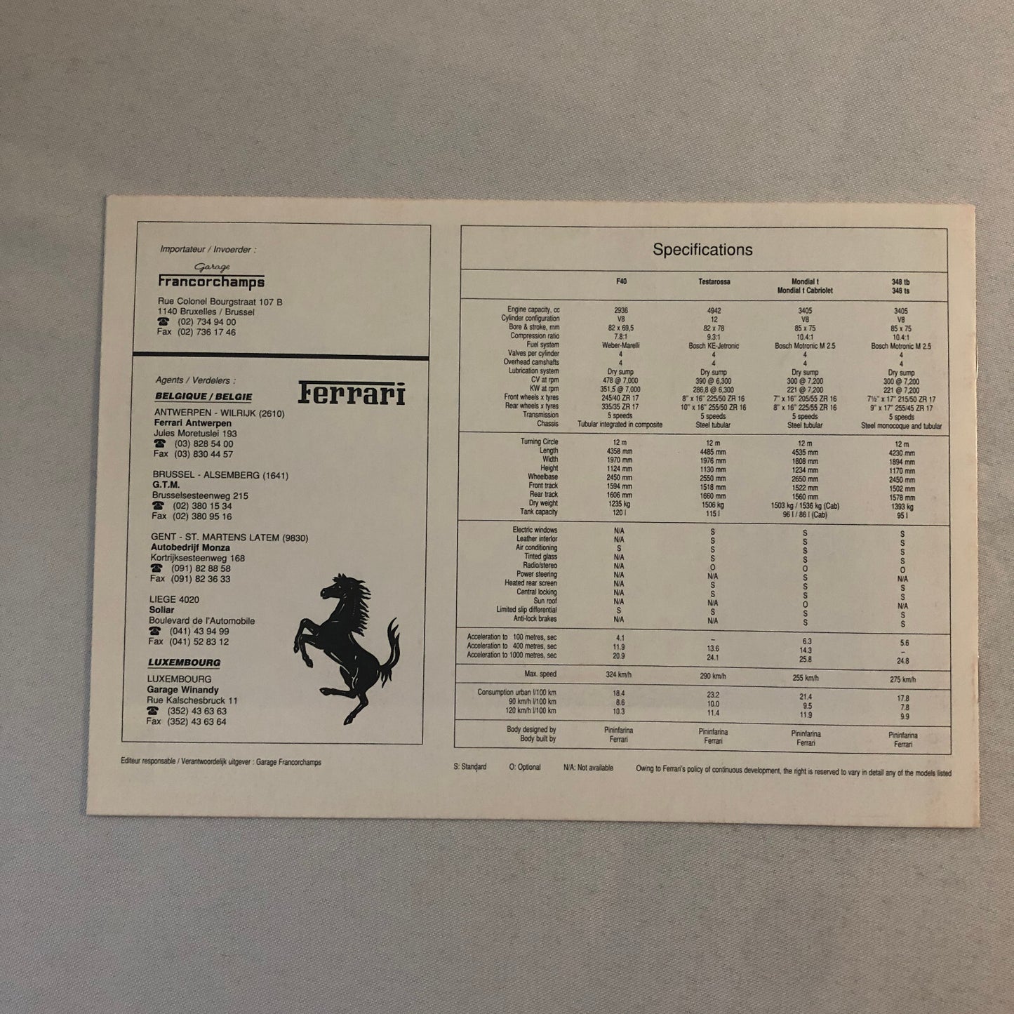 Ferrari Sales Brochure F40 Testarossa 348 Mondial Cabriolet Garage Francorchamps