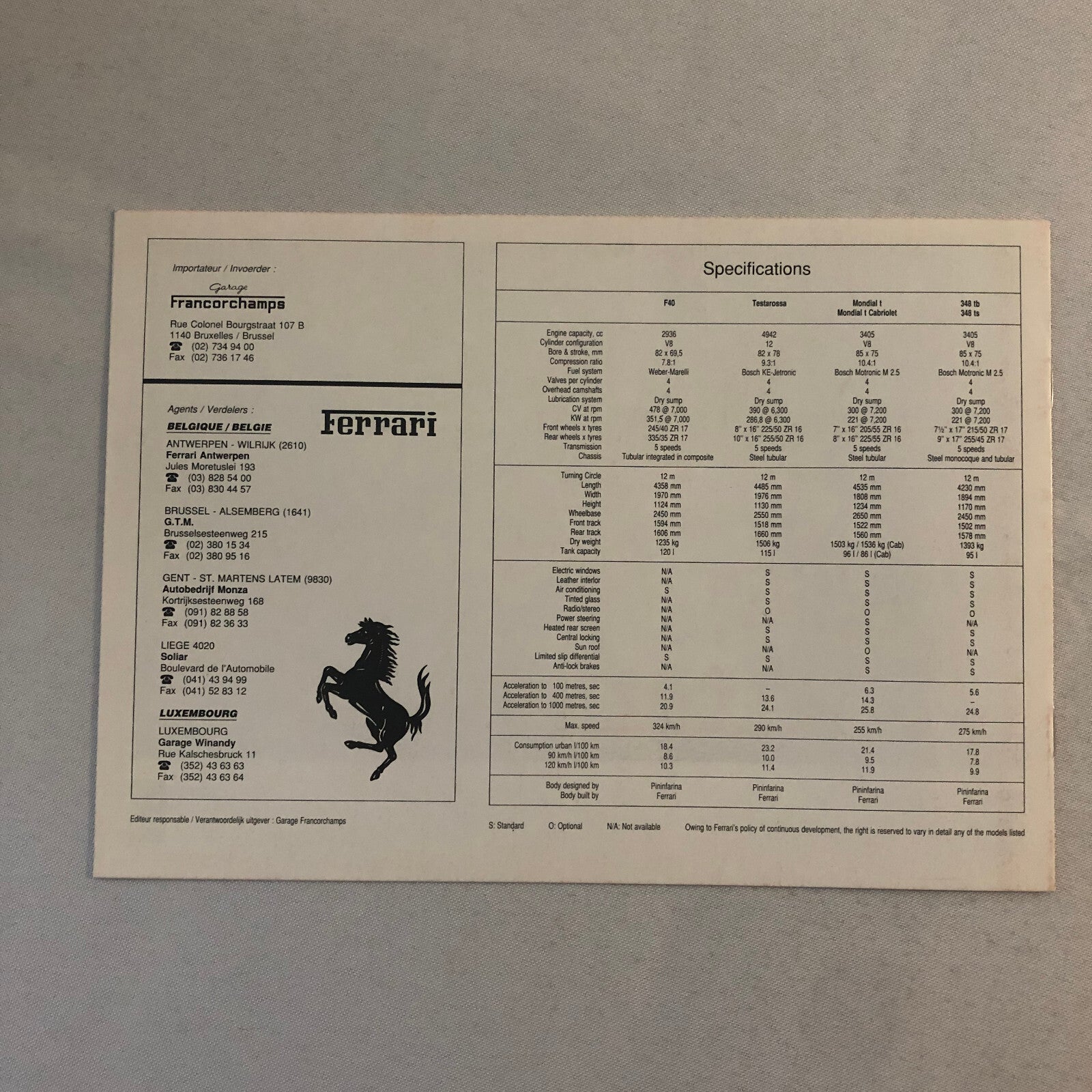 Ferrari Sales Brochure F40 Testarossa 348 Mondial Cabriolet Garage Francorchamps