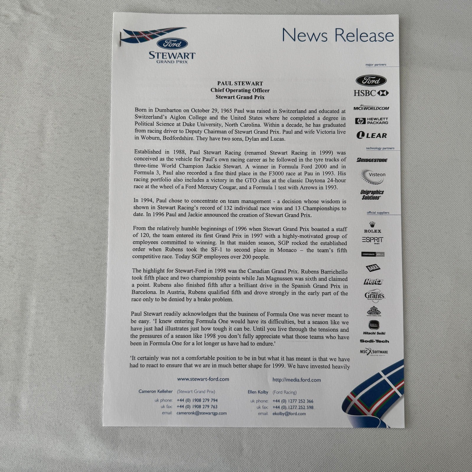 1999 Ford Jackie Stewart Racing Team SF3 Press Kit 35mm Slides Brochure Photos