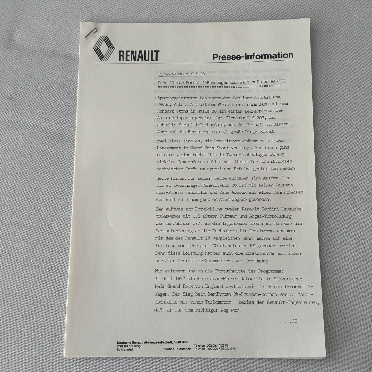 1980 Renault Press Kit Le Car Van Vagabund Renault ELF 20 Racing Car GERMAN