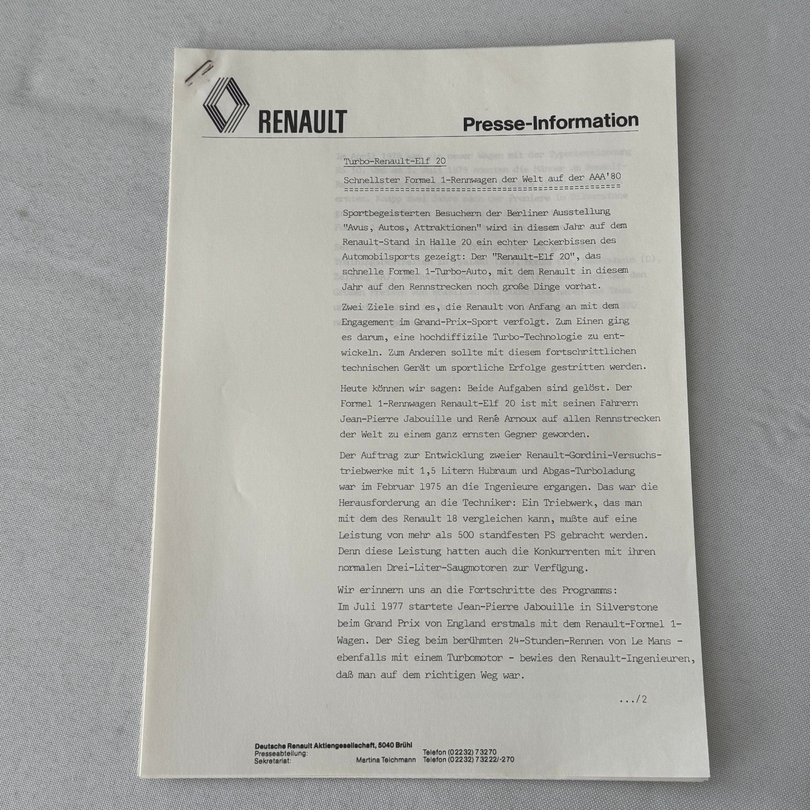 1980 Renault Press Kit Le Car Van Vagabund Renault ELF 20 Racing Car GERMAN