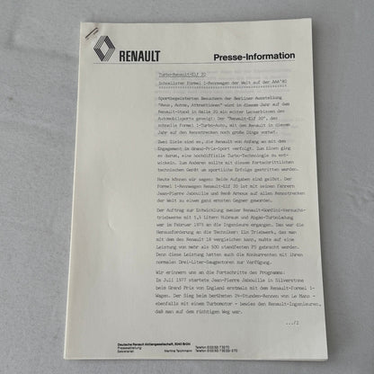 1980 Renault Press Kit Le Car Van Vagabund Renault ELF 20 Racing Car GERMAN