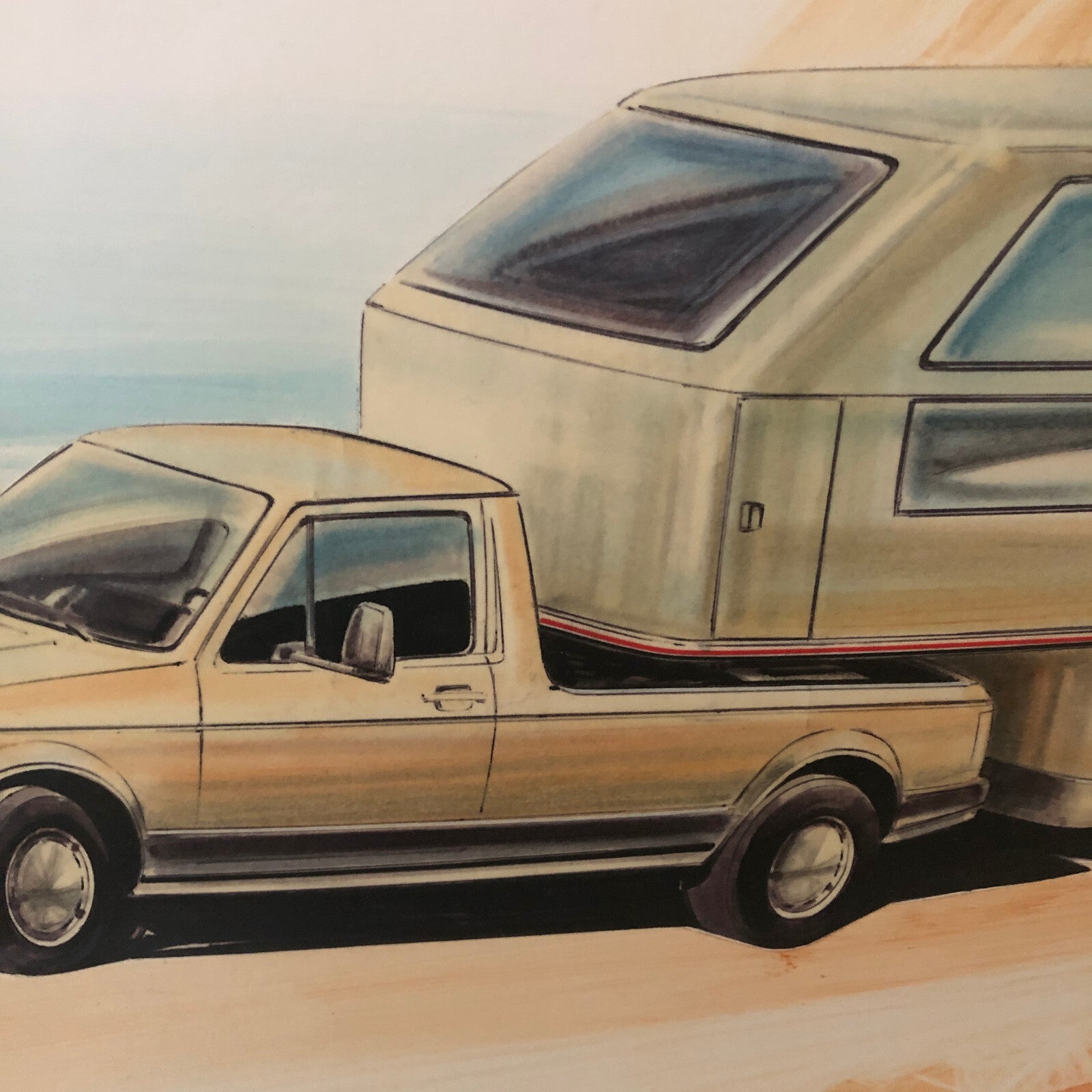 Volkswagen VW Rabbit Pickup Caddy with Trailer Concept Styling Ilustration Art