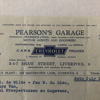1945 Chevrolet Dealership Letter UK Garage Oldsmobile Car Truck Letterhead