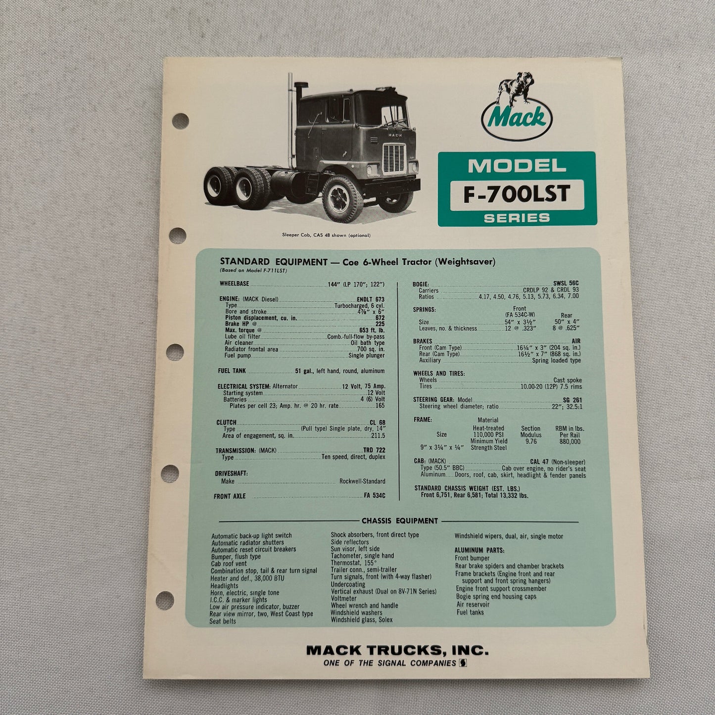 Mack Truck Model F-700LST Series Sales Brochure Catalog Mack F700 F700LST F 700