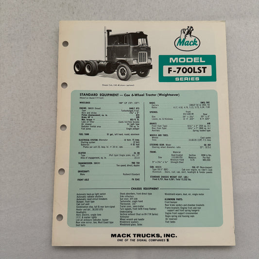 Mack Truck Model F-700LST Series Sales Brochure Catalog Mack F700 F700LST F 700