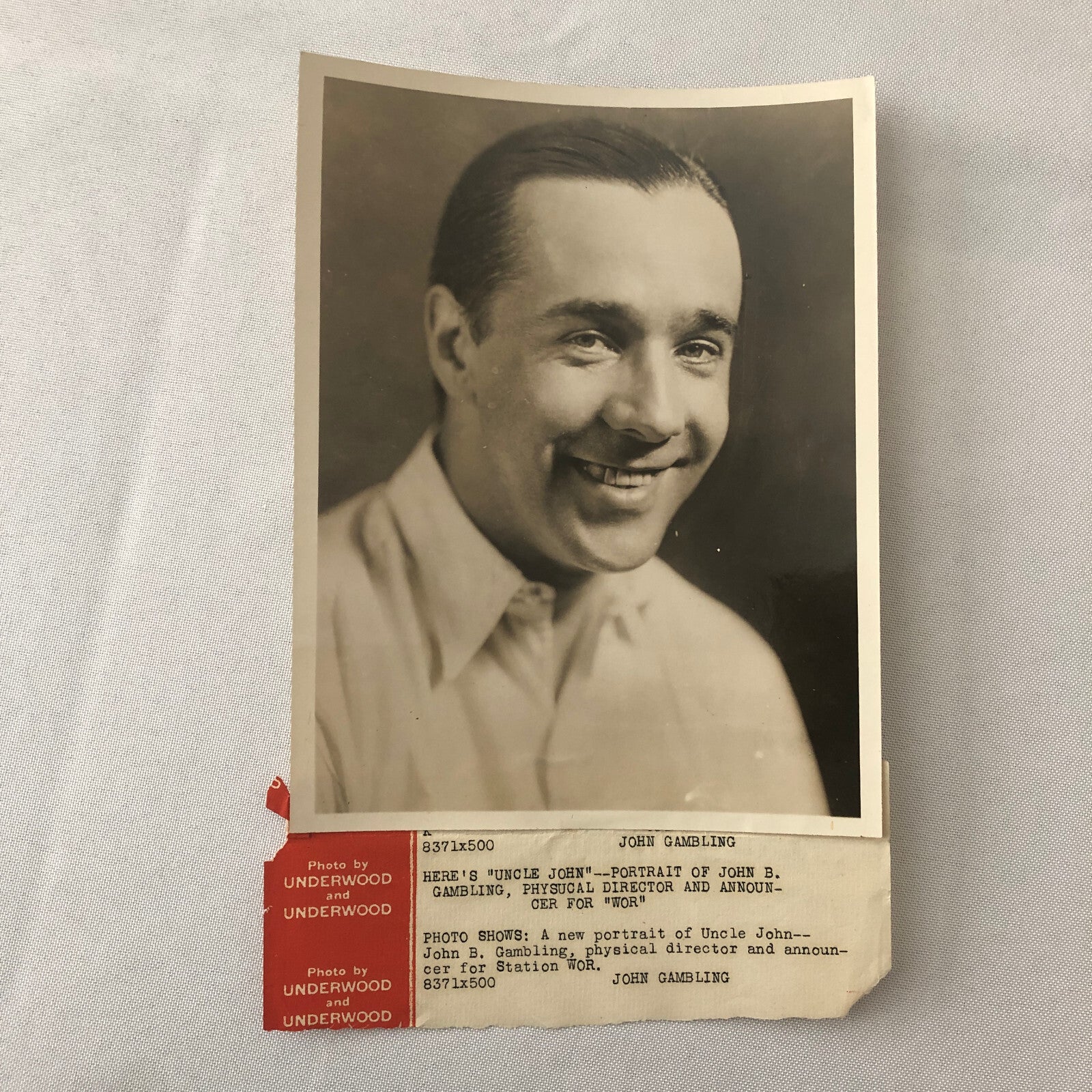 Press Photo Photograph Portrait WOR Radio Announcer Uncle John B Gambling