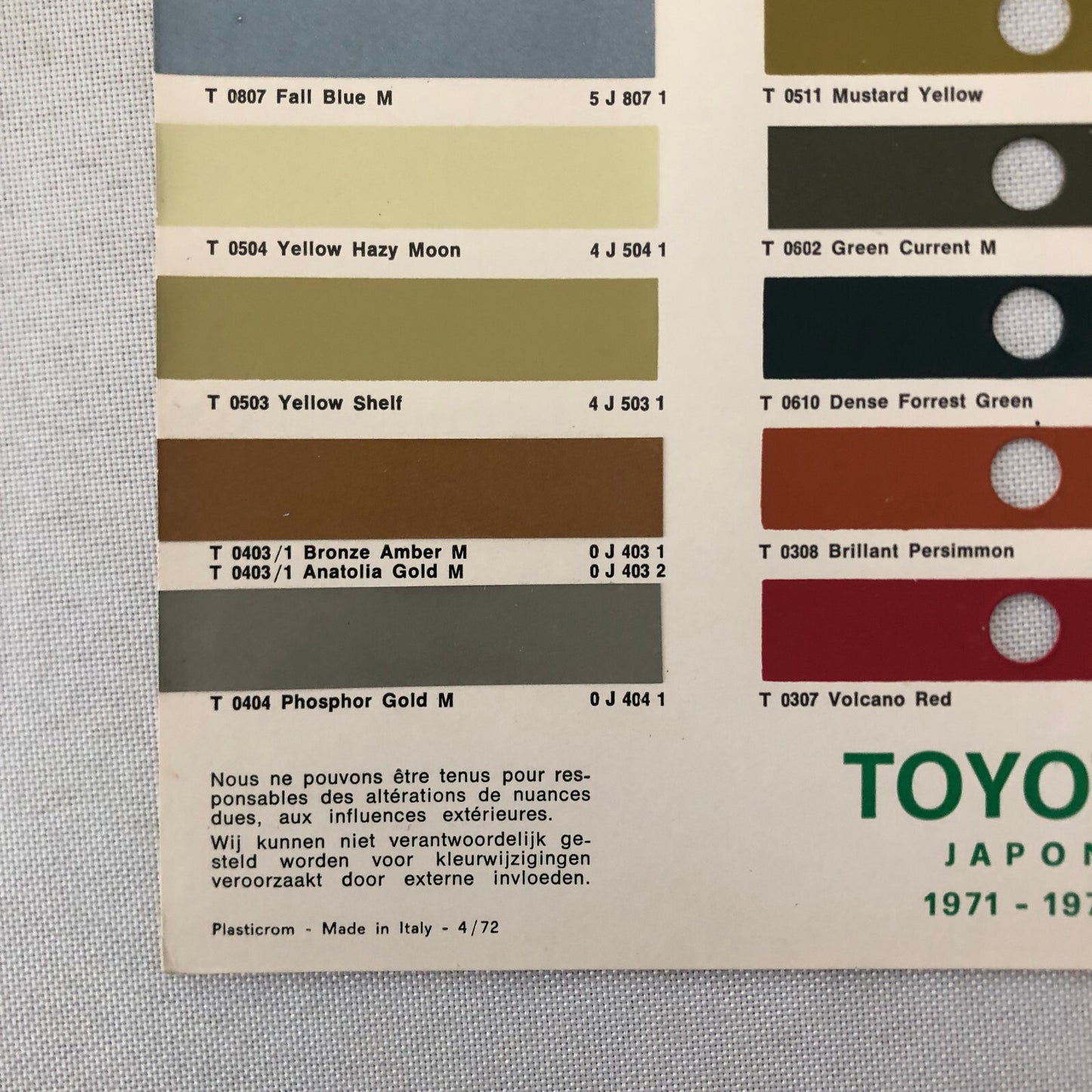 1971 1972 Toyota Car Paint Chip Color Sample Sheet Valentine