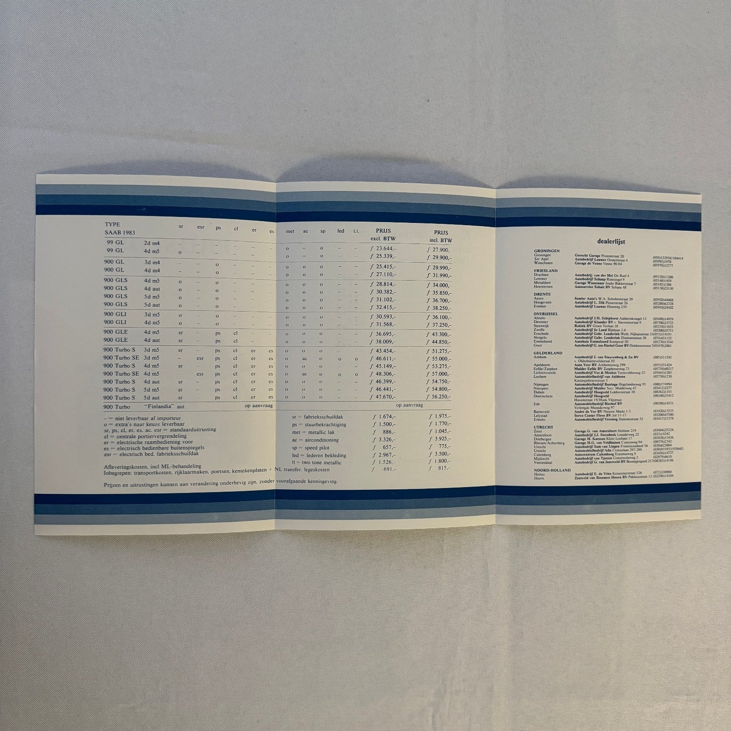 1983 Saab Pricelist Brochure Catalog 900 Turbo 99 GL 900 GLI GLE DUTCH Text