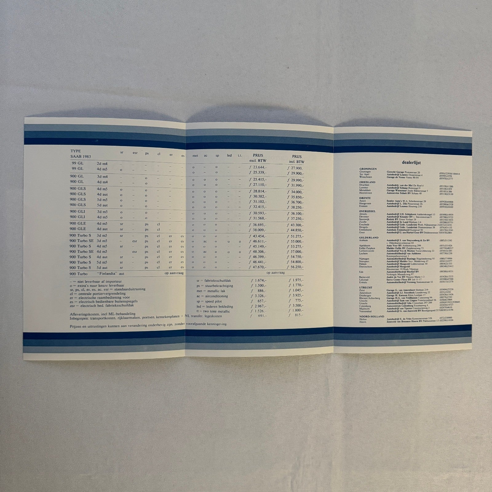 1983 Saab Pricelist Brochure Catalog 900 Turbo 99 GL 900 GLI GLE DUTCH Text