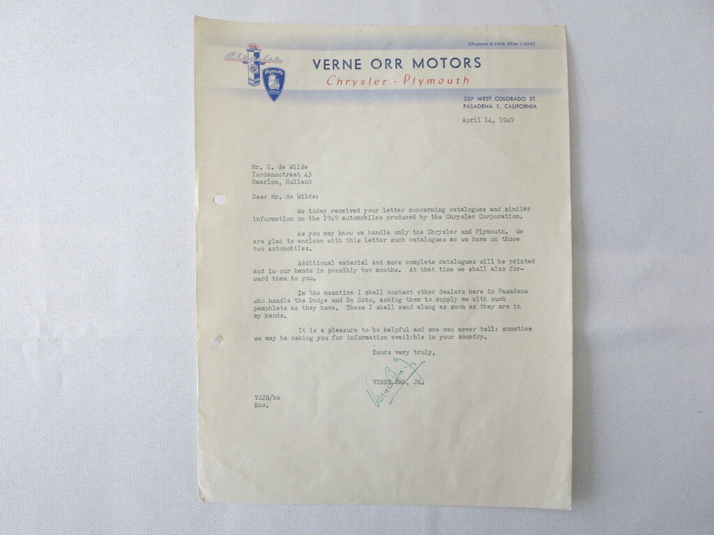 1949 Chrysler Plymouth Dealership Letter Verne Orr Motors Dealer Letterhead