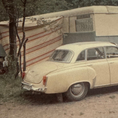 Borgward Car with Caravan Camper Trailer Photo Photograph Print Snapshot Vintage