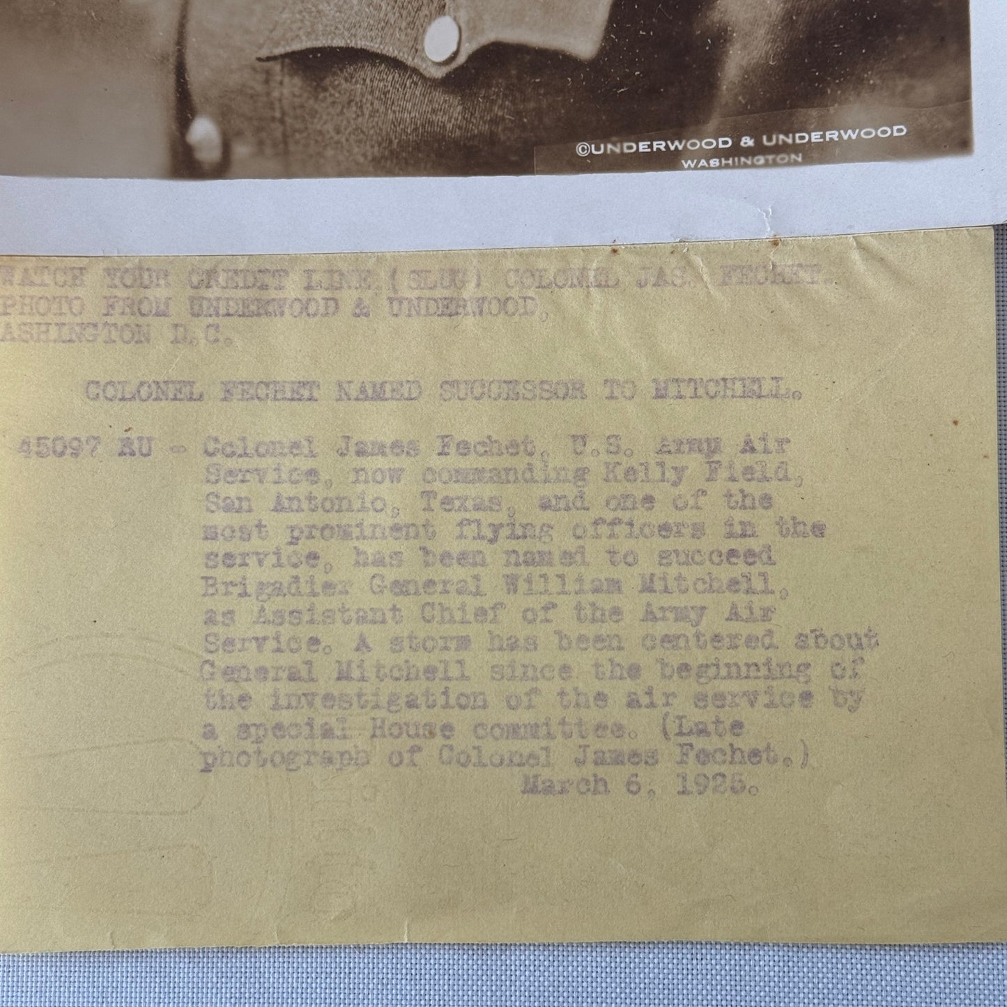 United States Army Air Service Colonel James Fechet Press Photo Photograph 1925