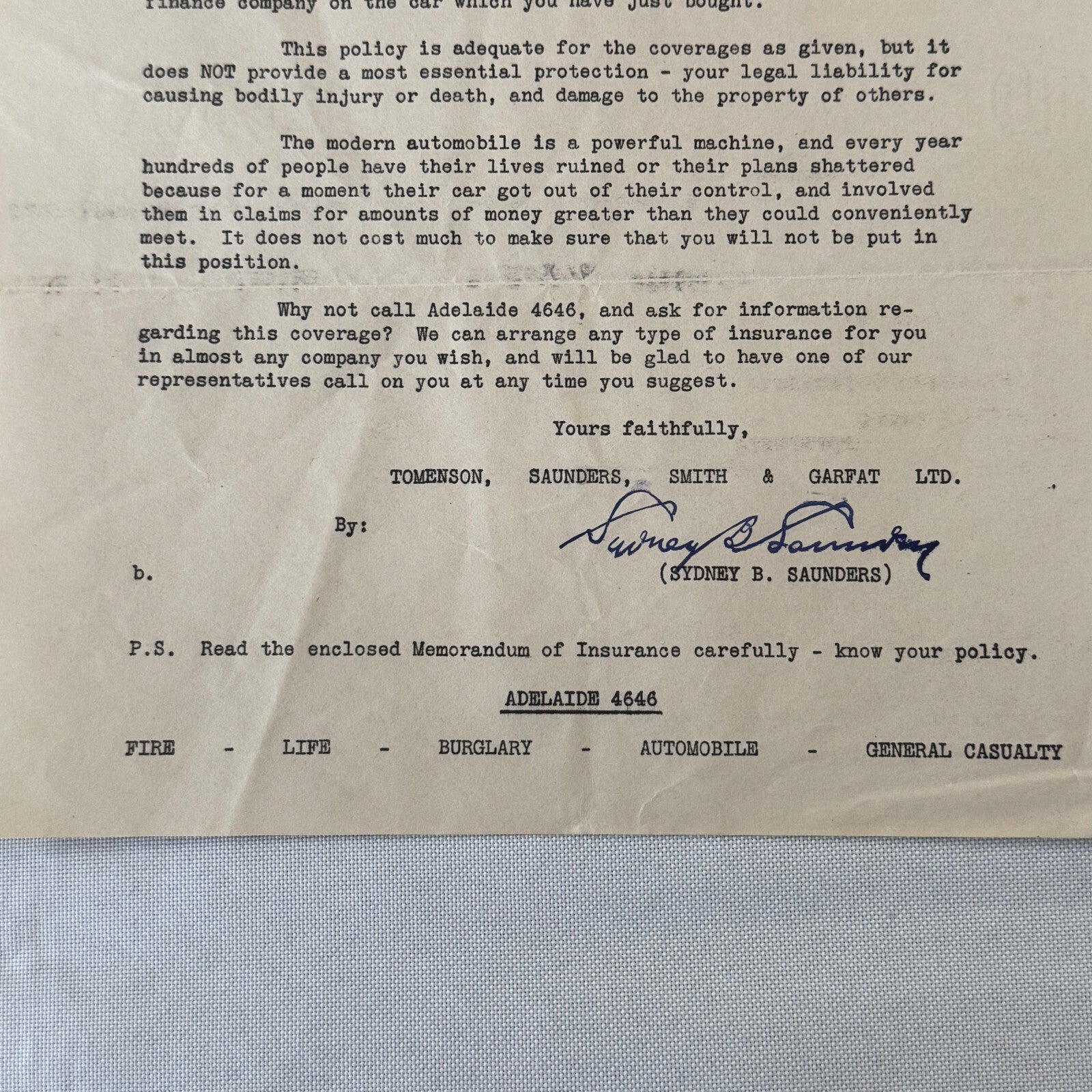 Vintage Toronto Federal Insurance Company Letterhead Letter Document