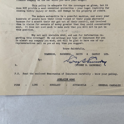 Vintage Toronto Federal Insurance Company Letterhead Letter Document