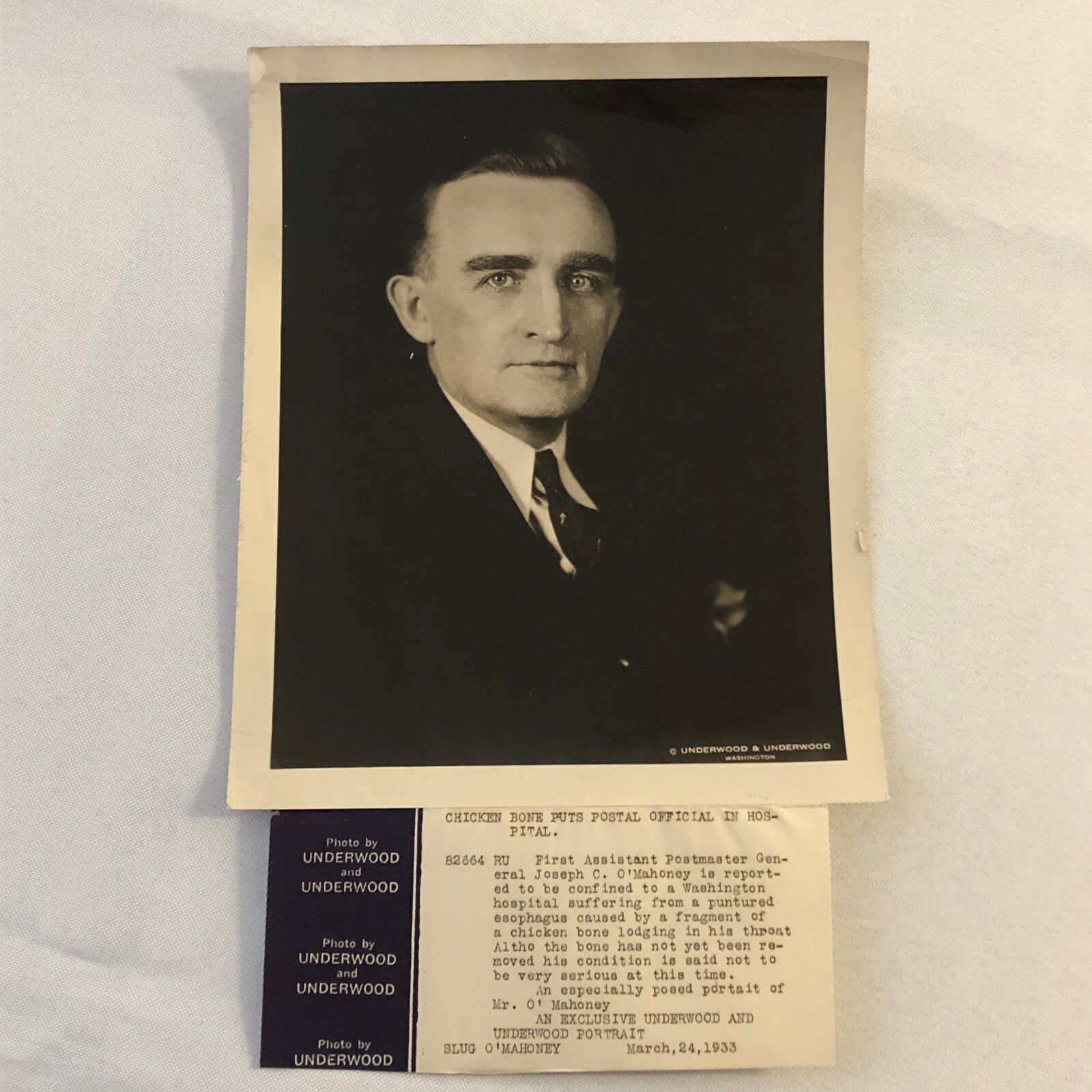 Press Photograph Photo Postmaster General In Hospital due to Chicken Bone 1933