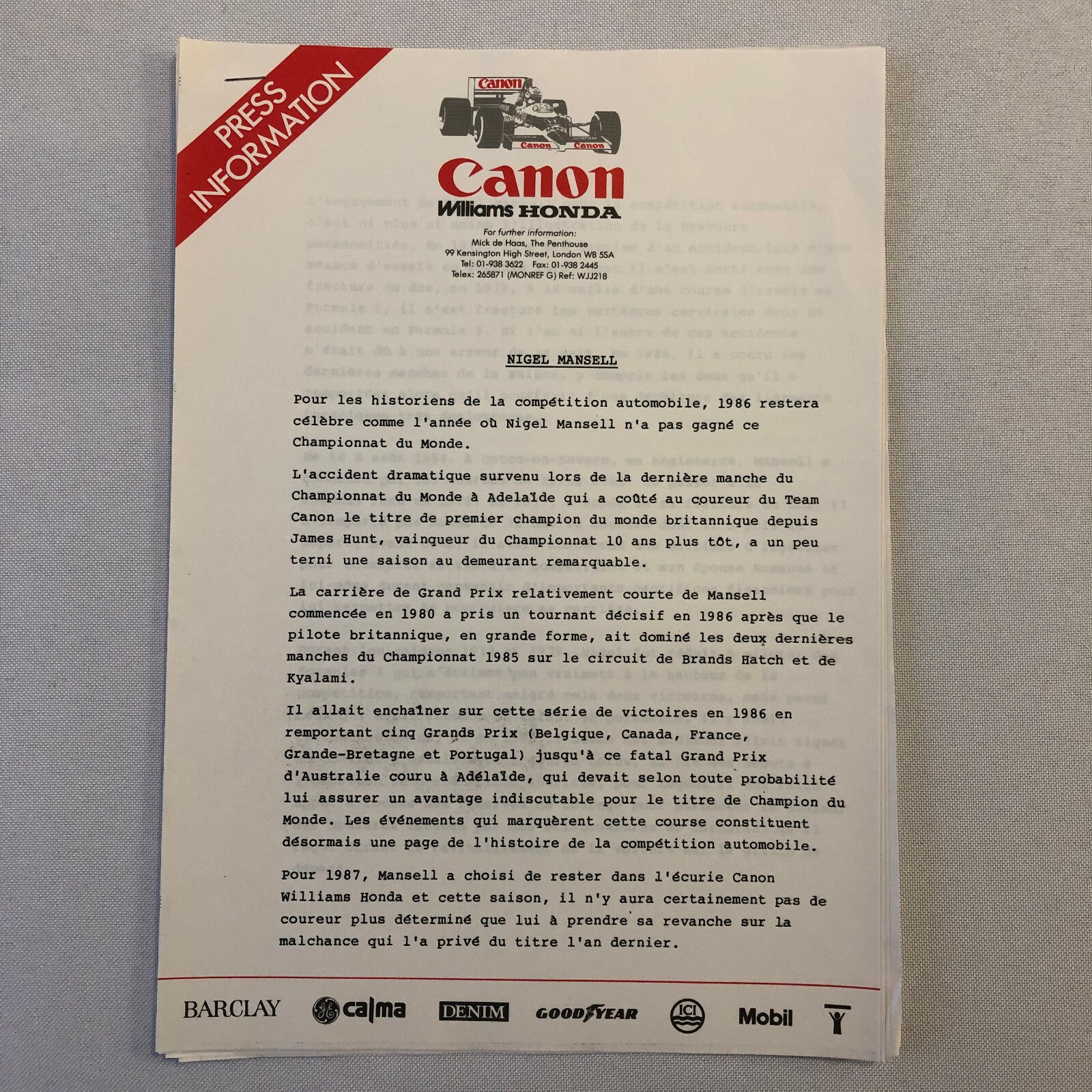 1987 Honda Williams F1 Racing Press Release Lot Nelson Piquet Mansell FRENCH