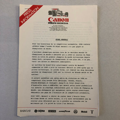 1987 Honda Williams F1 Racing Press Release Lot Nelson Piquet Mansell FRENCH