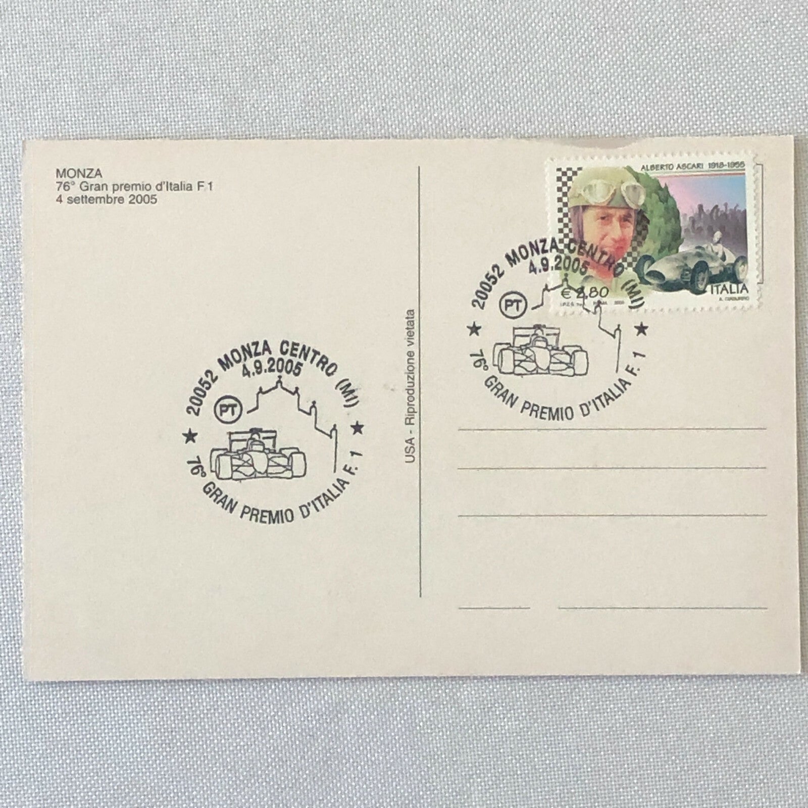 2005 Monza Italian Grand Prix F1 Formula One Racing Postcard with Ascari Stamp 