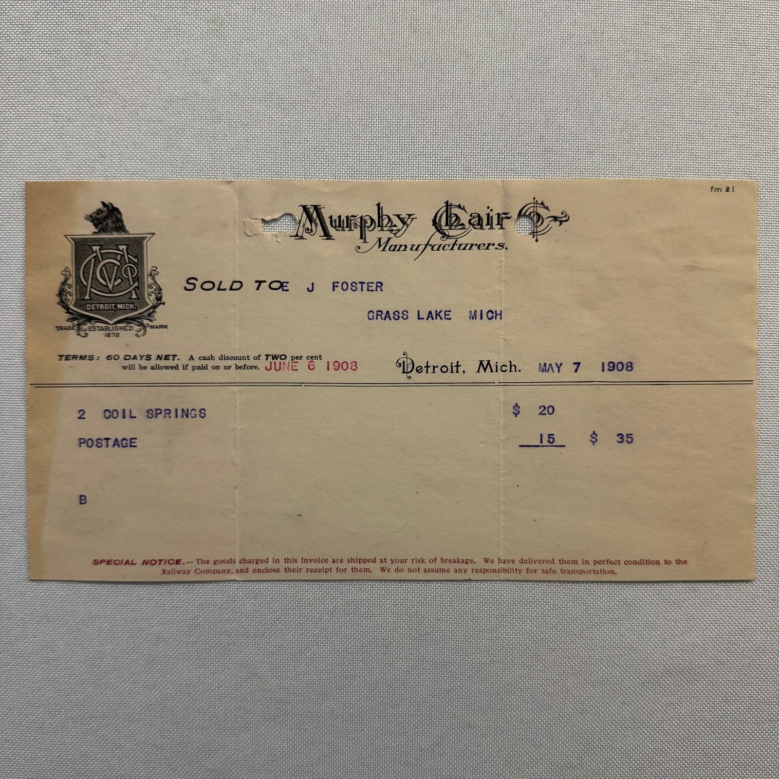 Murphy Chair Company Detroit Michigan Receipt Document Letterhead 1908 Lot 2x