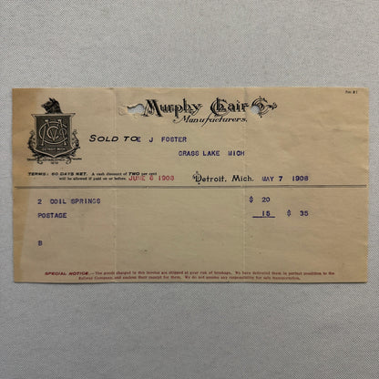 Murphy Chair Company Detroit Michigan Receipt Document Letterhead 1908 Lot 2x