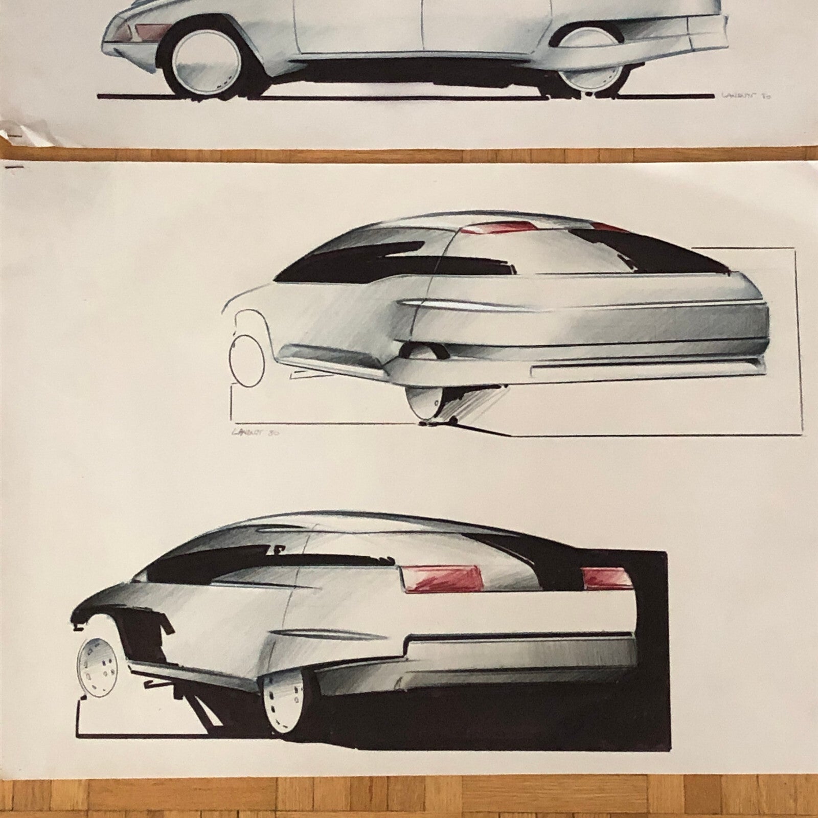 Car Styling Concept Illustration Art Drawing Sketch Vintage Lot 2x LANDUYT 1980