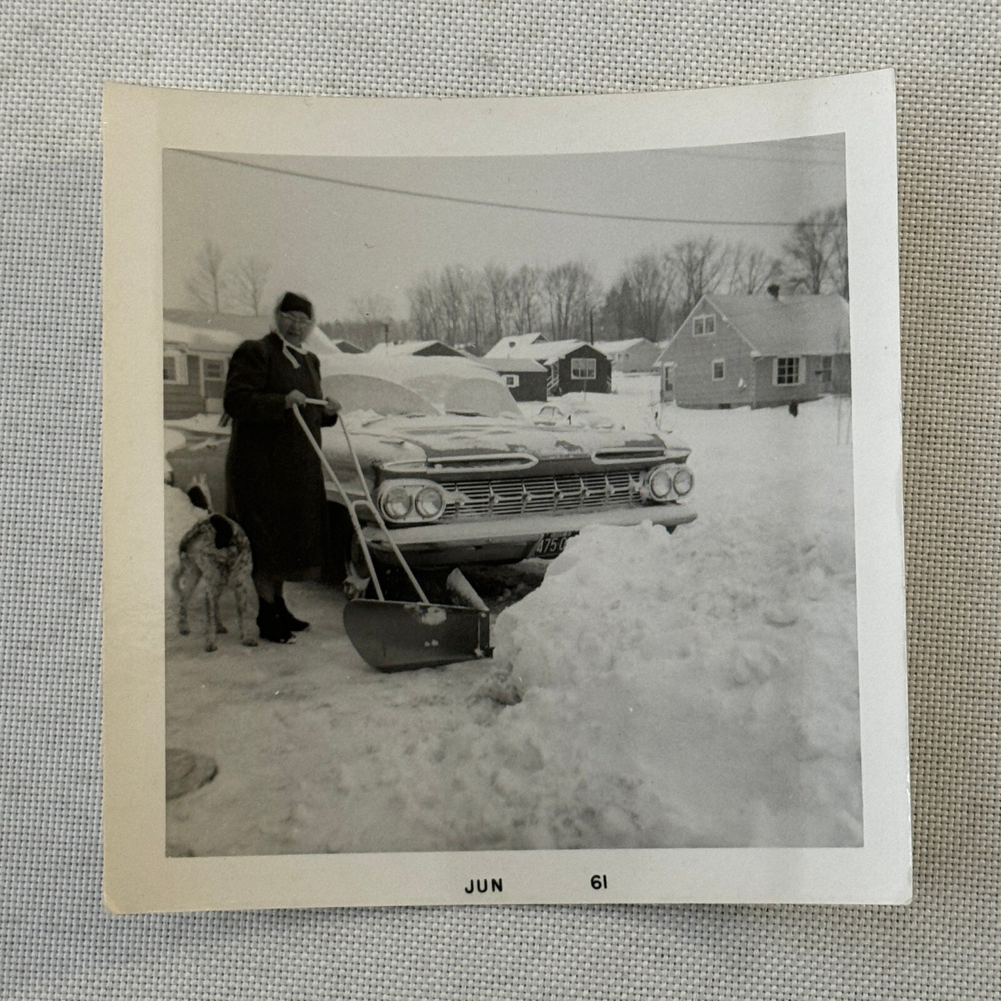 Woman Shovelling Snow with Car Snapshot Photo Photograph Lot 2x