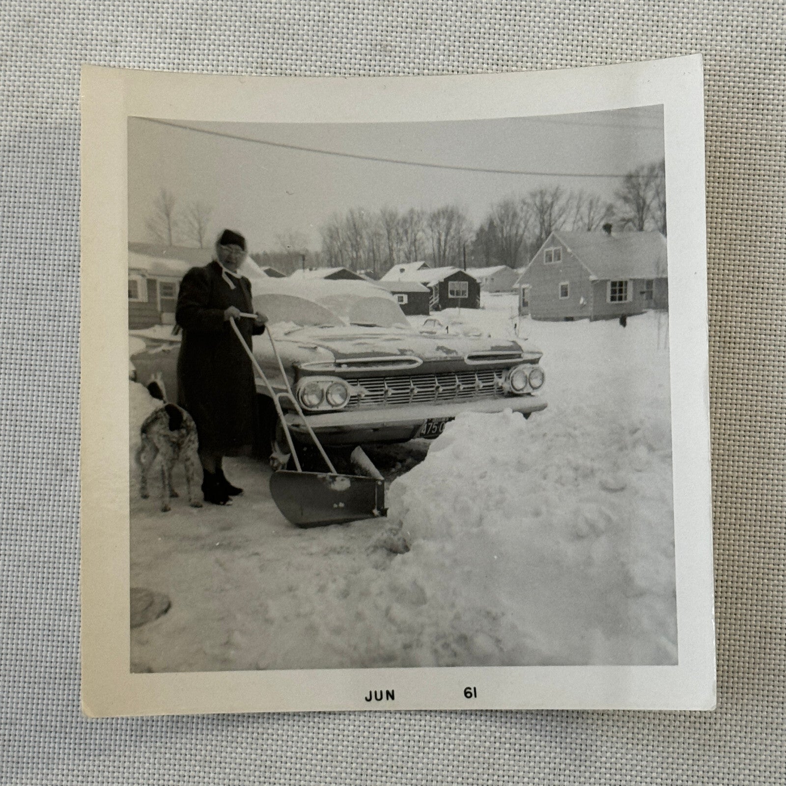 Woman Shovelling Snow with Car Snapshot Photo Photograph Lot 2x