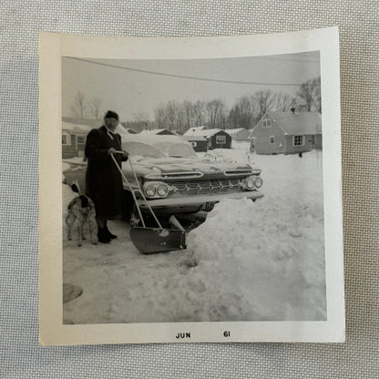 Woman Shovelling Snow with Car Snapshot Photo Photograph Lot 2x