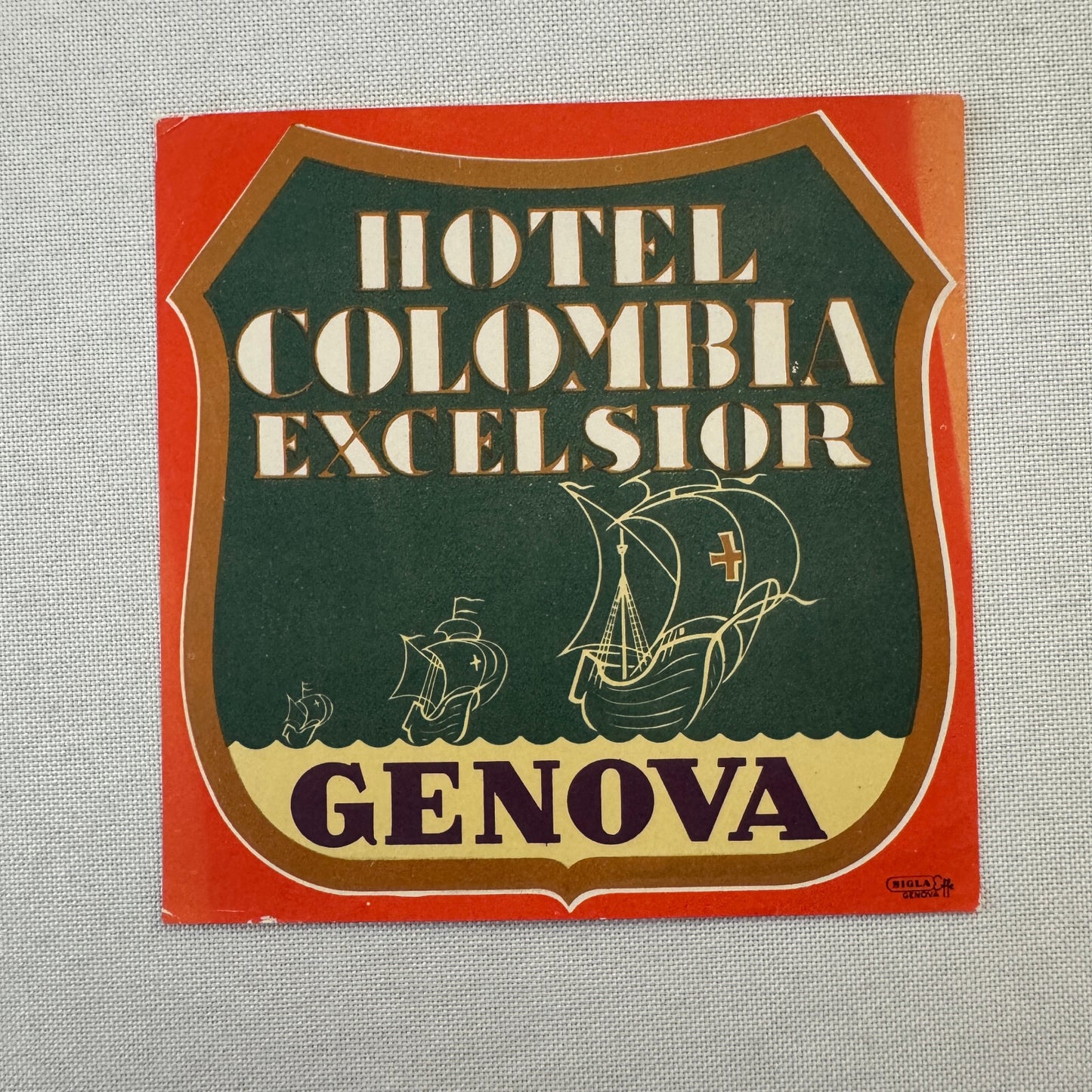 Vintage Hotel Travel Label Hotel Colombia Excelsior Genova Italy Italian