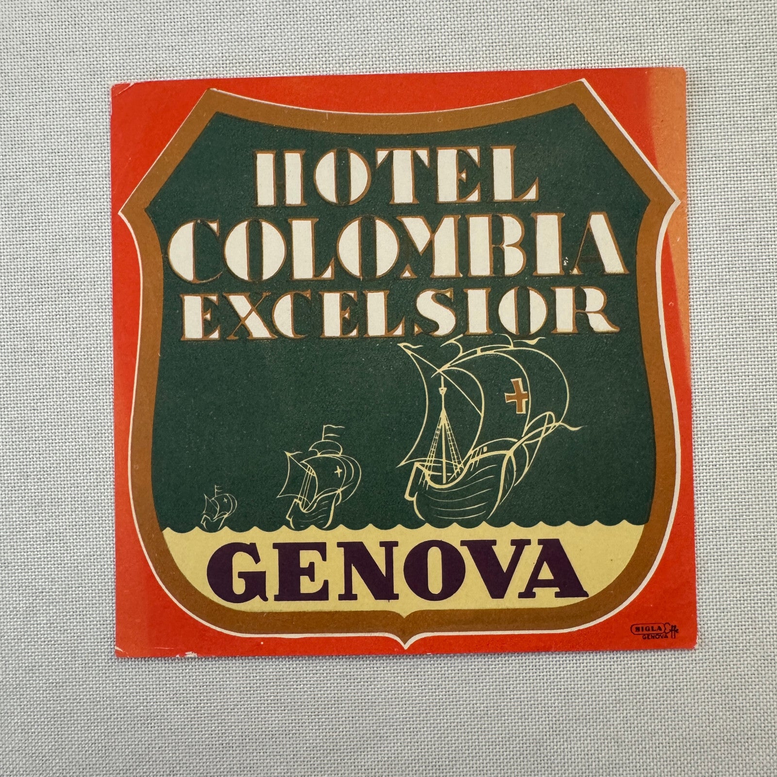 Vintage Hotel Travel Label Hotel Colombia Excelsior Genova Italy Italian