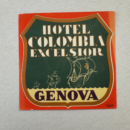 Vintage Hotel Travel Label Hotel Colombia Excelsior Genova Italy Italian