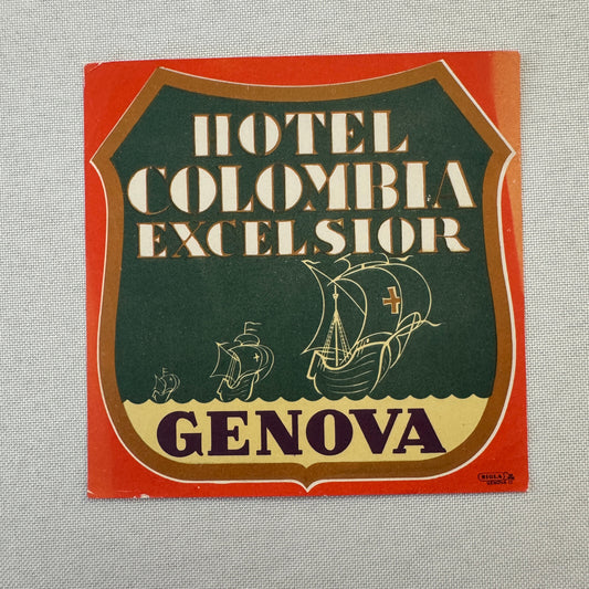 Vintage Hotel Travel Label Hotel Colombia Excelsior Genova Italy Italian