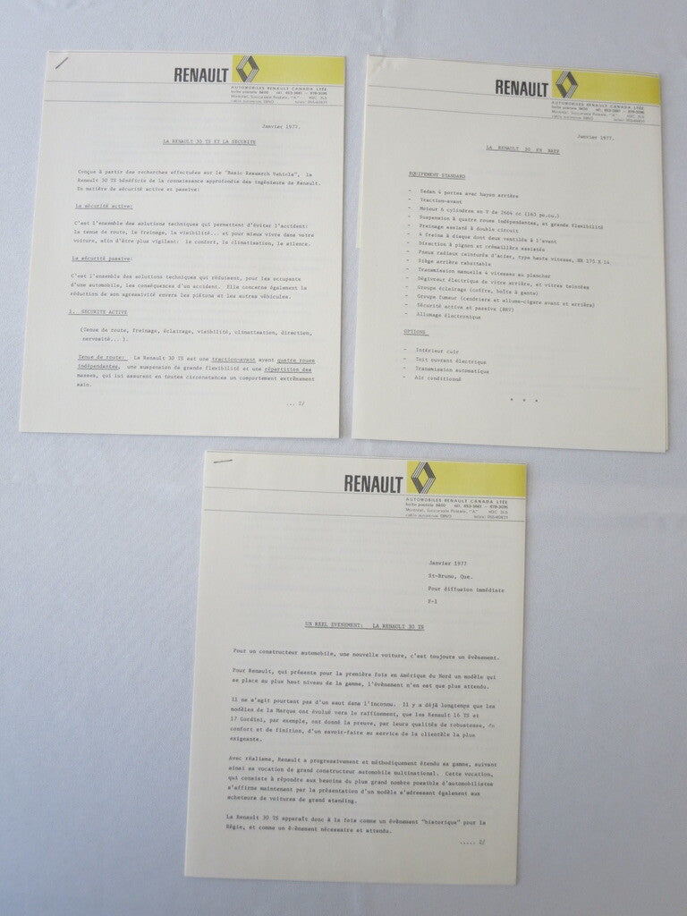 1977 Renault 30TS Press Kit Brochure Photos 30 TS Car