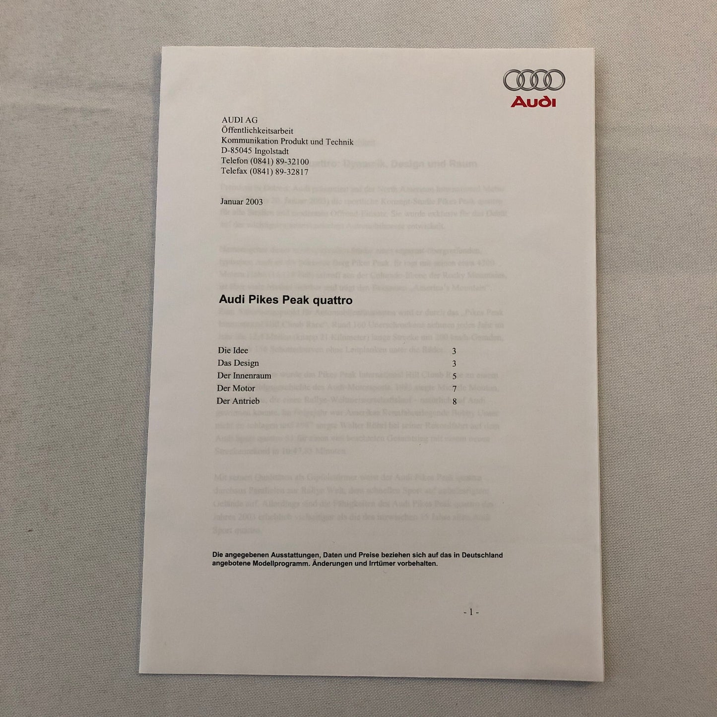 2003 Audi Pikes Peak Quattro Concept Car Prototype Press Kit Photos CD GERMAN