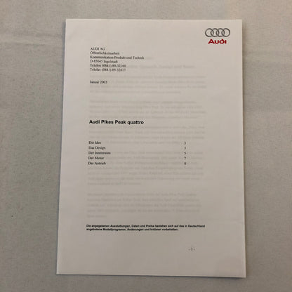 2003 Audi Pikes Peak Quattro Concept Car Prototype Press Kit Photos CD GERMAN