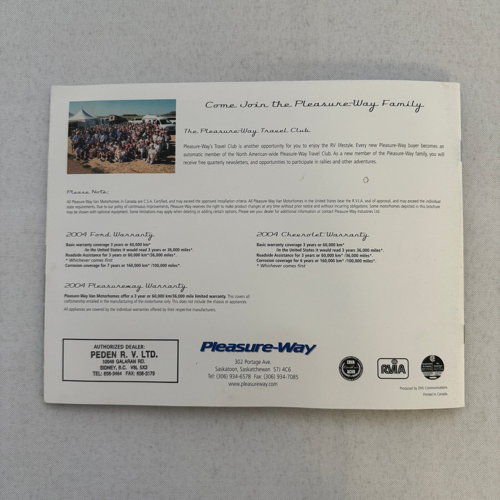 2004 Pleasure Way Motorhome RV Camper Van Sales Brochure Catalog Ford Chevrolet