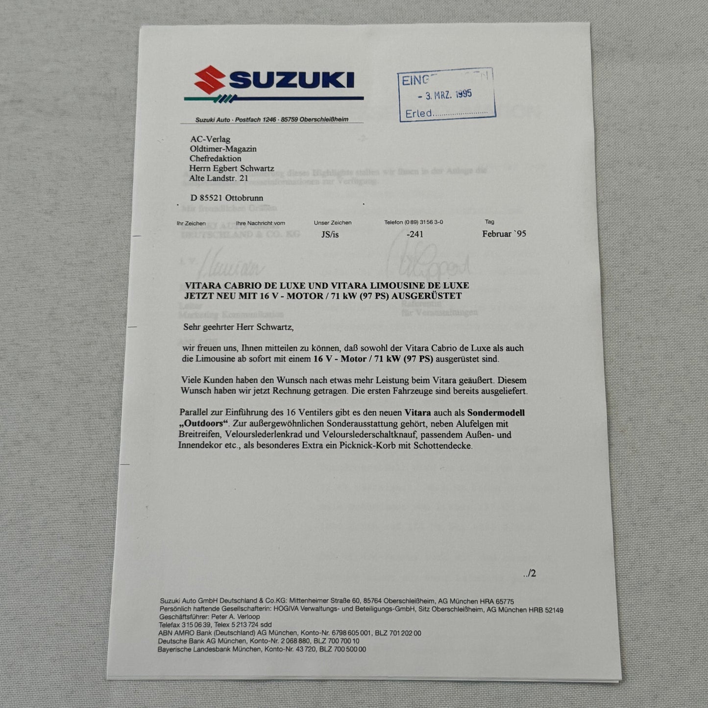 1995 Suzuki Vitara Press Kit German Text European Market Brochure Photos