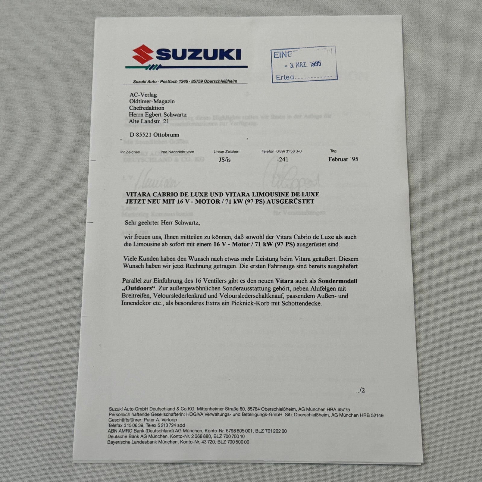1995 Suzuki Vitara Press Kit German Text European Market Brochure Photos