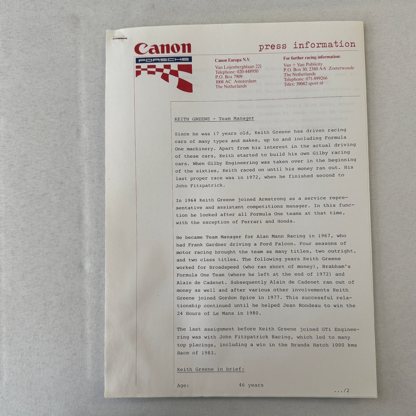 1984 Canon Porsche Racing Press Kit Photos Jan Lammers Jonathan Palmer