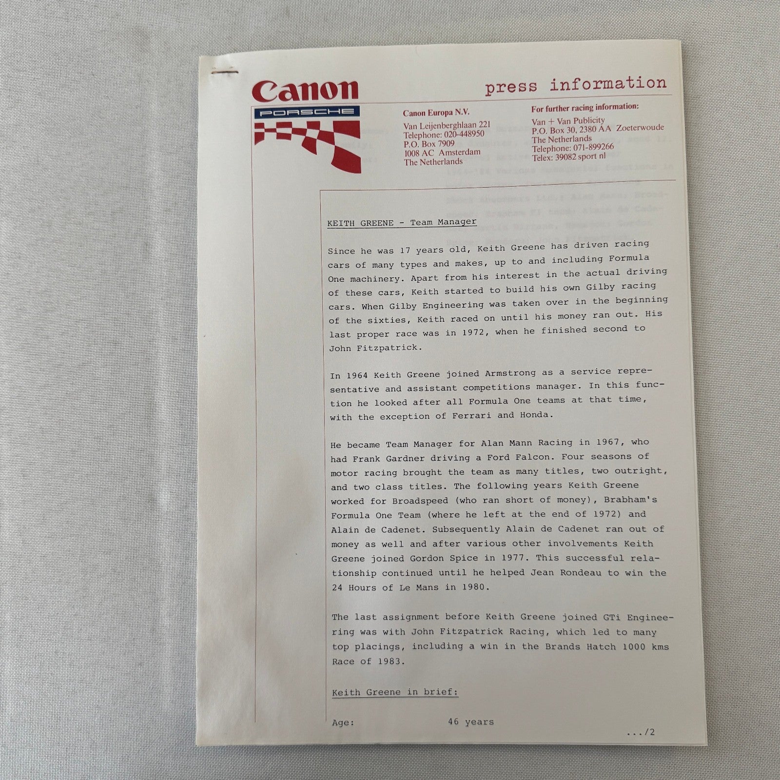 1984 Canon Porsche Racing Press Kit Photos Jan Lammers Jonathan Palmer