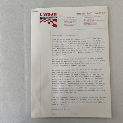 1984 Canon Porsche Racing Press Kit Photos Jan Lammers Jonathan Palmer