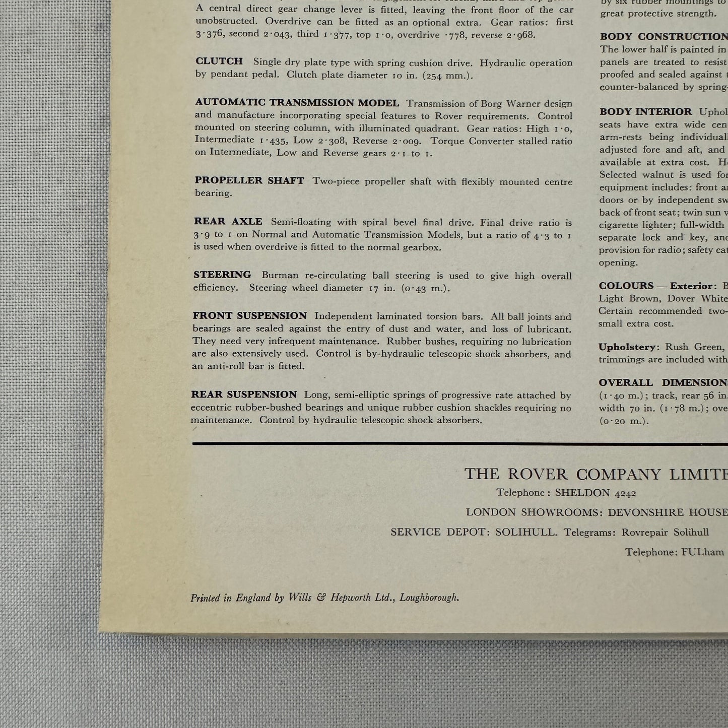 Rover 3 Litre Saloon Car Sales Brochure Catalog Vintage Advertising