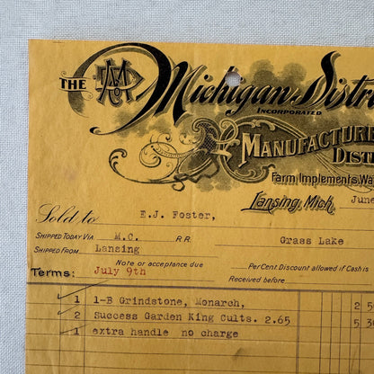 Michigan Distributing Company Farm Implements Carriages 1908 Document Lansing