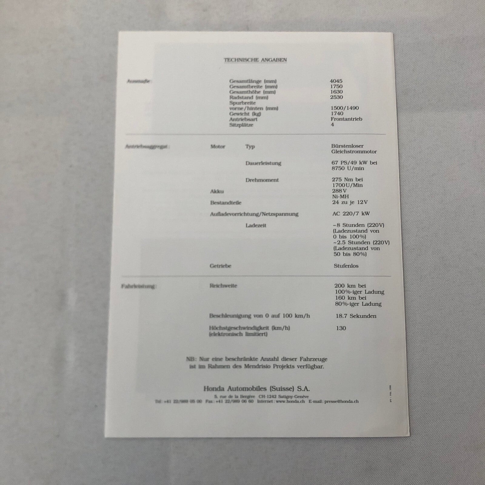 Honda EV Plus Electric Car Sales Brochure Catalog GERMAN Text Swiss Switzerland