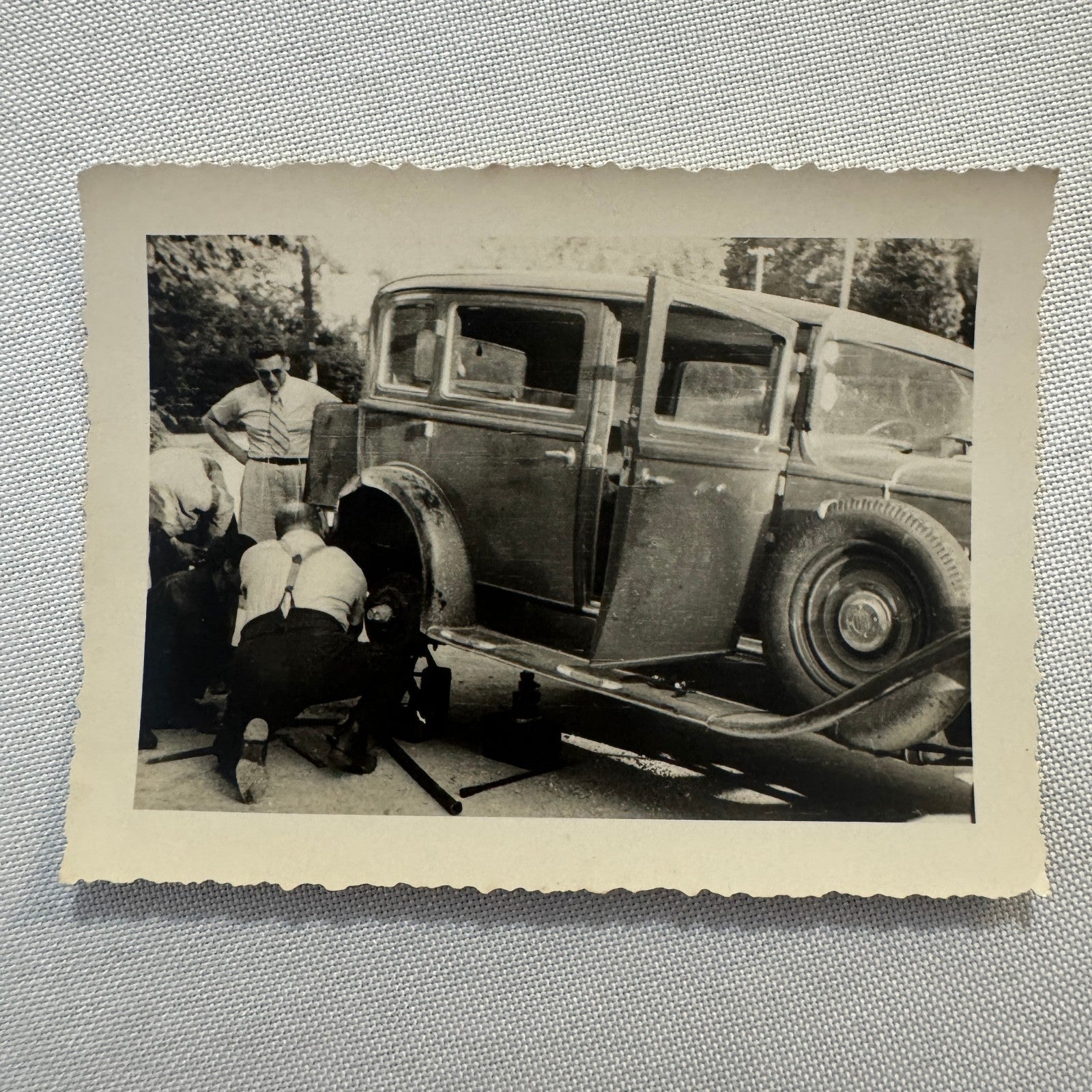 Vintage Photograph Photo Print Men Working on Early Car Automobile