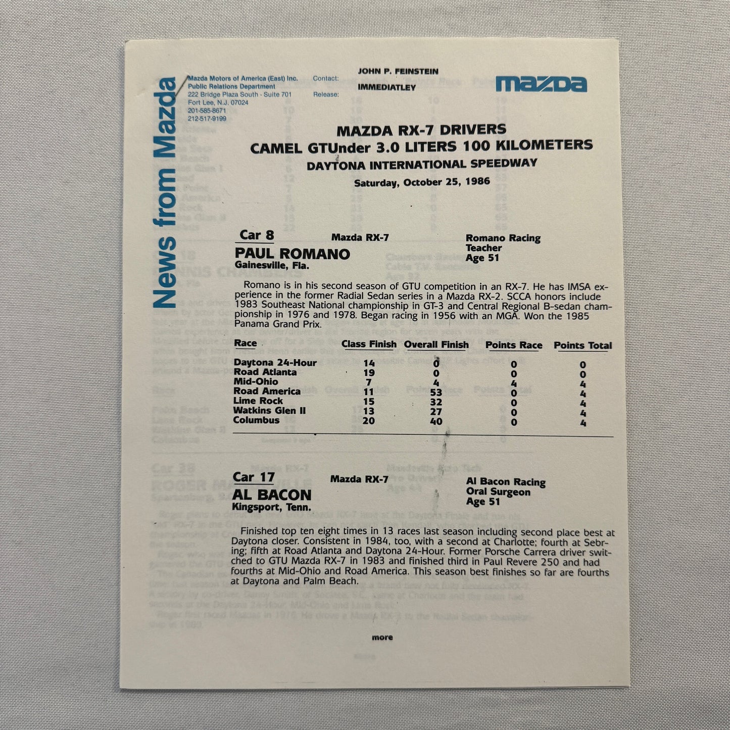 1986 Mazda RX-7 Racing Press Kit Brochure Photos Camel GT