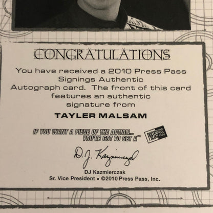 2010 Press Pass Signings Tyler Malsam Auto Autograph Signature Card NASCAR /75