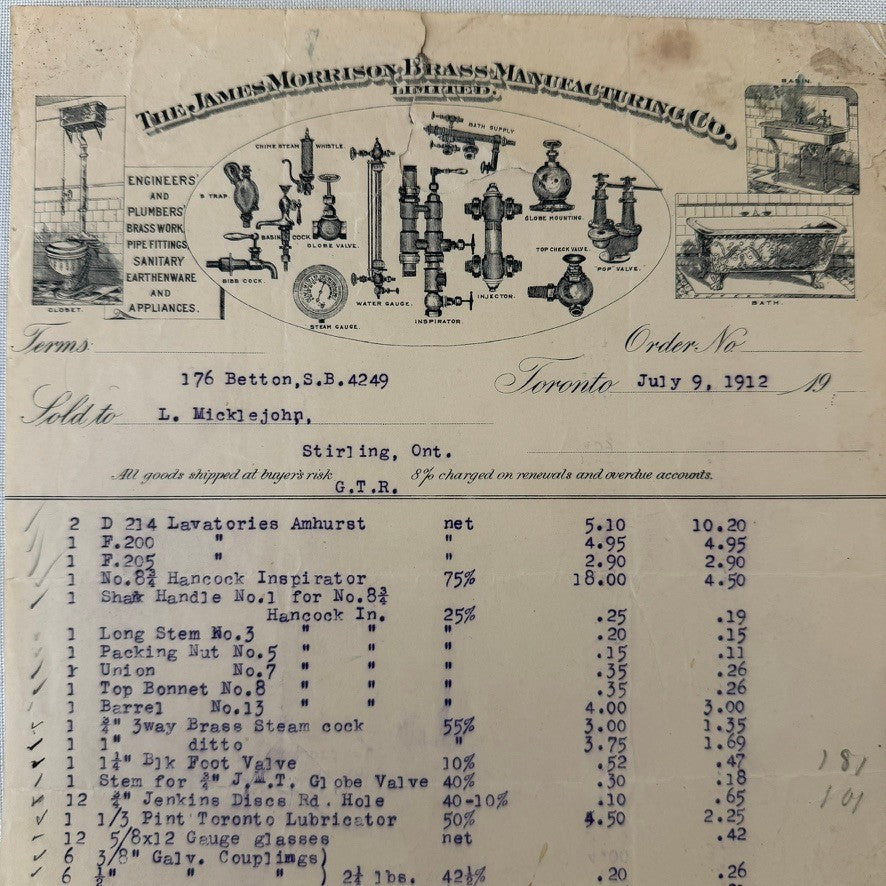 1912 Vintage Receipt Document  James Morrison Brass Manufacturing Company