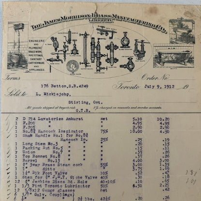1912 Vintage Receipt Document  James Morrison Brass Manufacturing Company